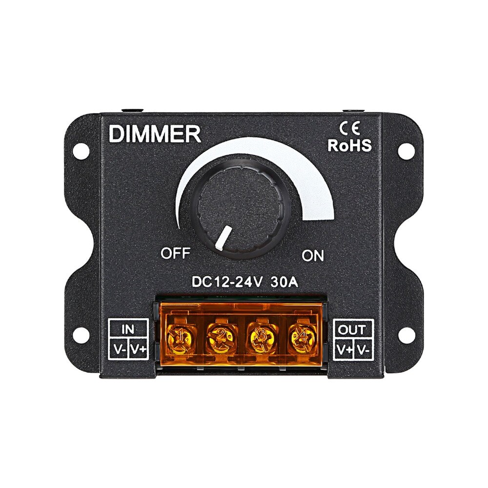 PWM Dimming Controller for LED Strip Light, DC 12V - 24V Dimmer Knob ON/OFF Switch with Aluminum Housing, Single Channel 30A