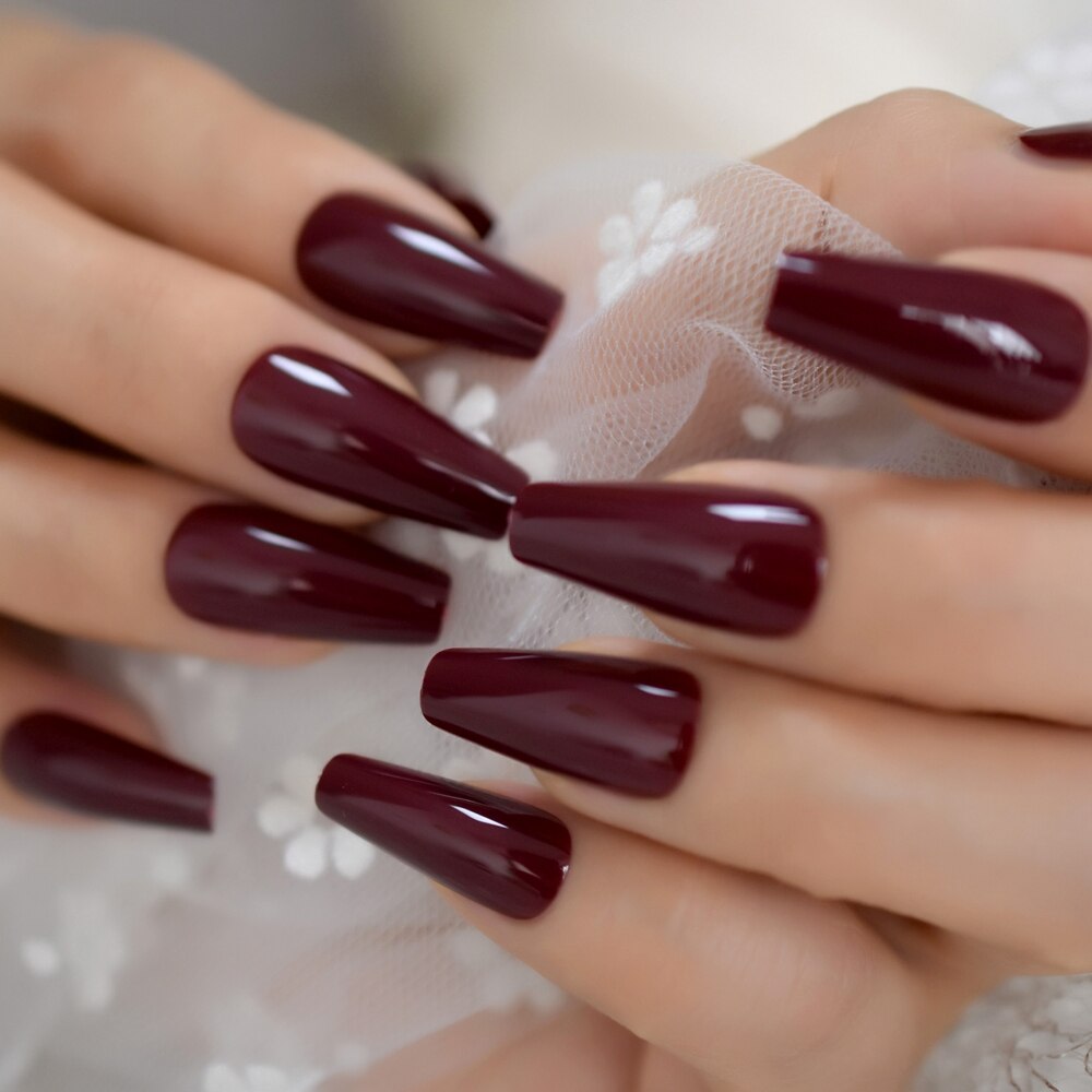 Tapered Coffin Nails Long Size Square Maroon Dark Red Acrylic Artificial False Nails Manicure Tips 24 CT