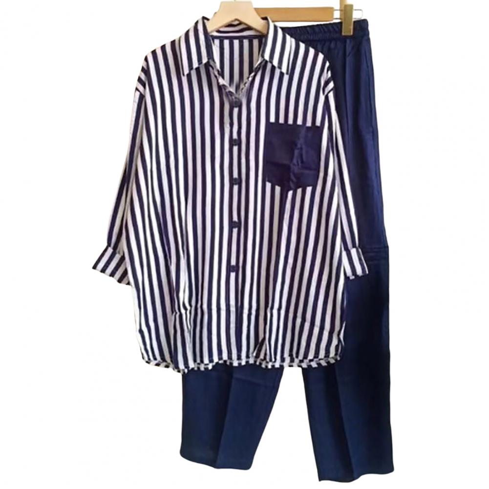 2Pcs/Set Women Outfit Shirt Pants Set Casual Elastic Waist Breathable Stripes Blouse Pants Suits Spring Summer Women Set: 4XL / Blue