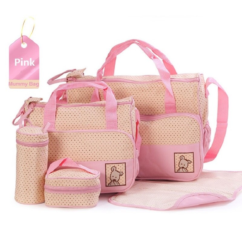 5 unids/set bolsa para pañales de cochecito mami bolsa de gran capacidad bolso de pañales cambiando Pad para el cuidado del bebé con 8 colores: Pink