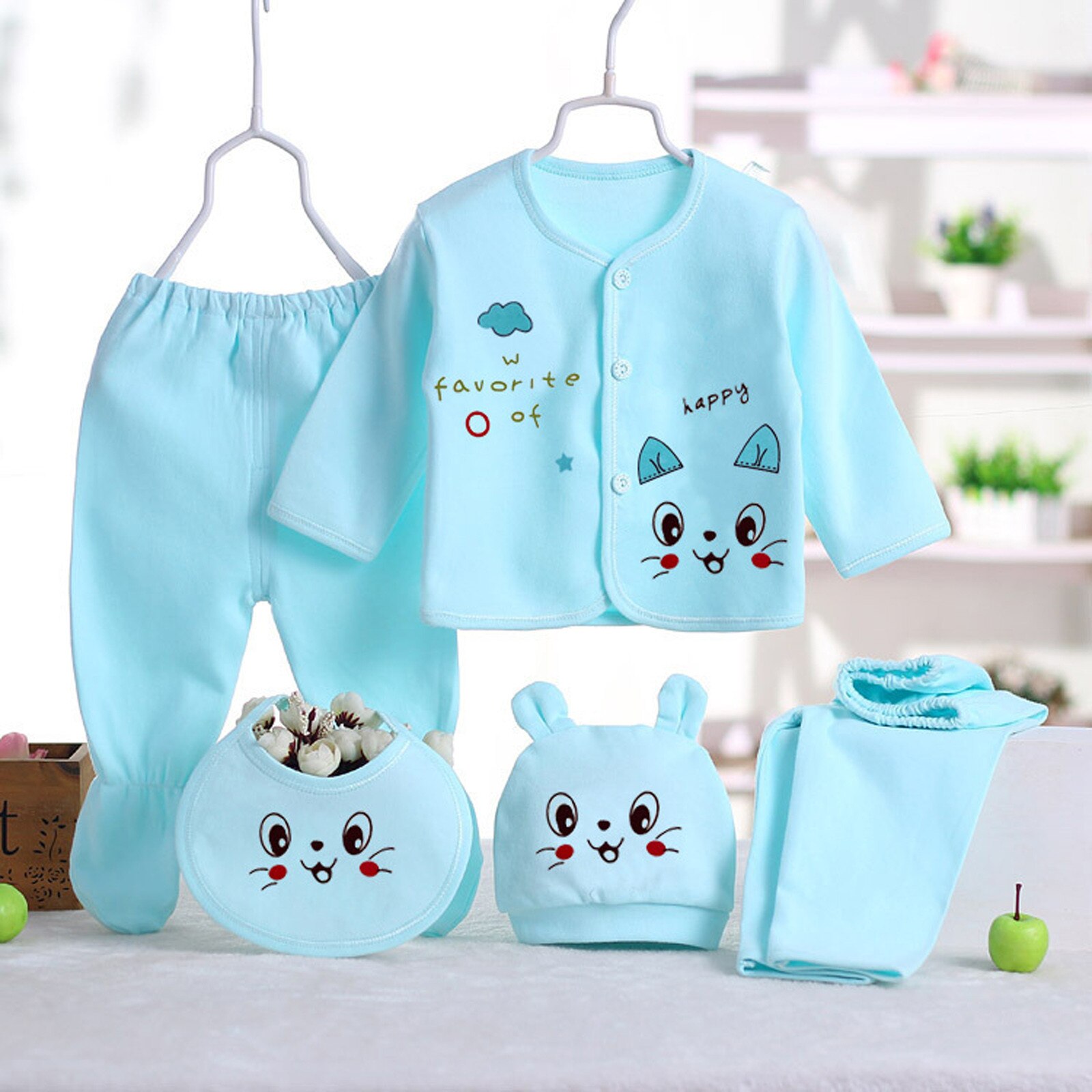 Pasgeboren Kleding 5 Stuks Nachtkleding Set Baby Jongens Meisjes Cartoon Lange Mouwen Tops + Hoed + Broek + Bib Outfits set