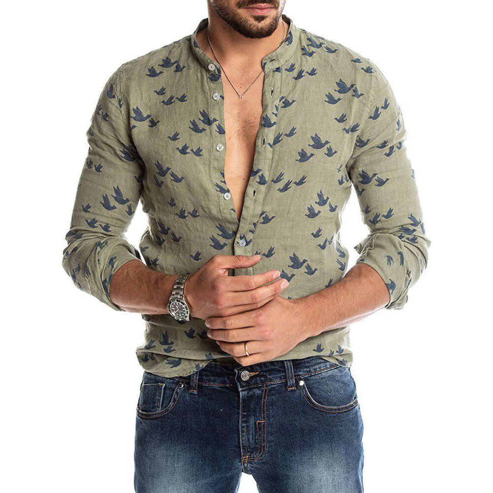Camisa de manga larga con botones y estampado de Paloma para hombre, ropa informal ajustada de lino, primavera y otoño