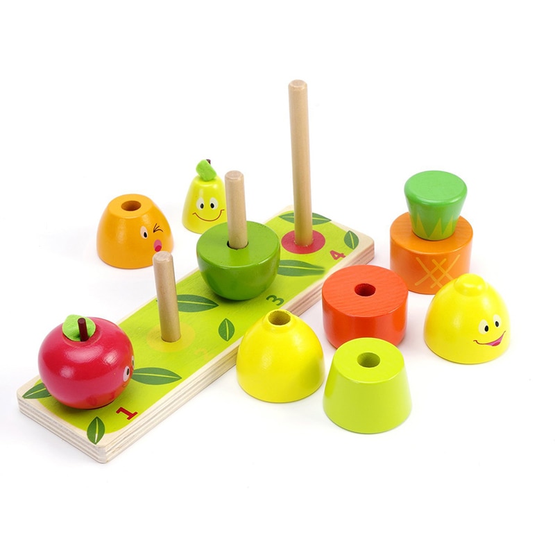 Toddler baby frugt form farve sortering legetøj børn træ stabling blok børn tidlige uddannelsesmæssige farve form kognitivt legetøj
