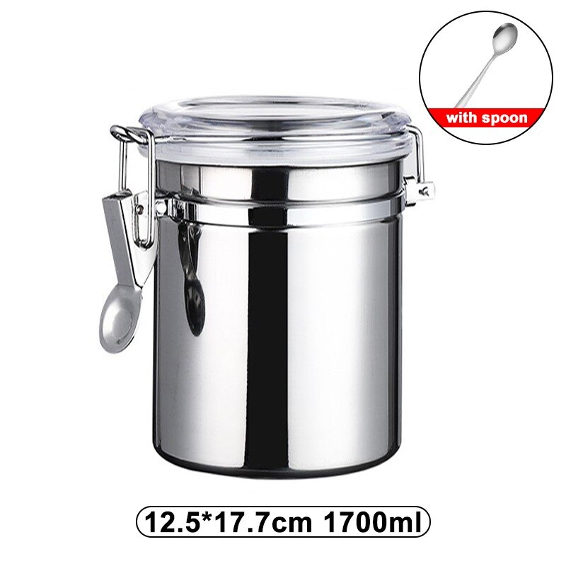 Stainless Steel Airtight Coffee Container Storage Canister Set Coffee jar Canister With Scoop For Coffee Beans Tea 1.5L: 1700m1-with spoon