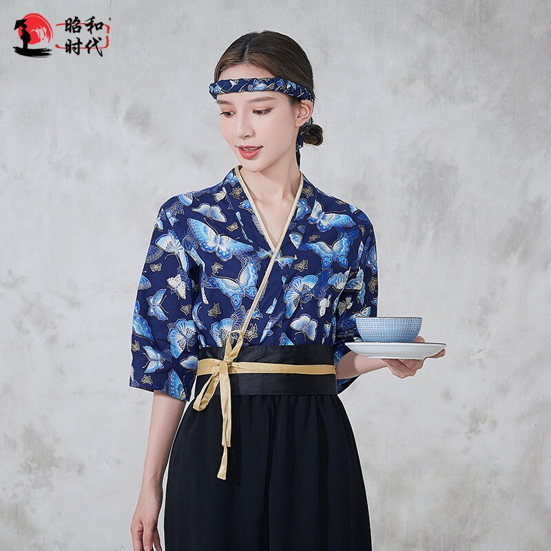 Sushi Restaurant Chef Uniform Kimono Japanese Style Print Work Clothes Pick Size