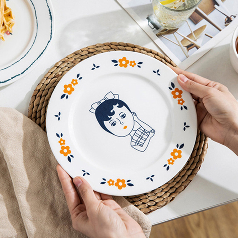 Simple Hand Drawn Cartoon Dinner Plate Ceramic Dinner Plate Household Plate Poached Egg Meal Plate Bone Ceramic Plate: beauty plate