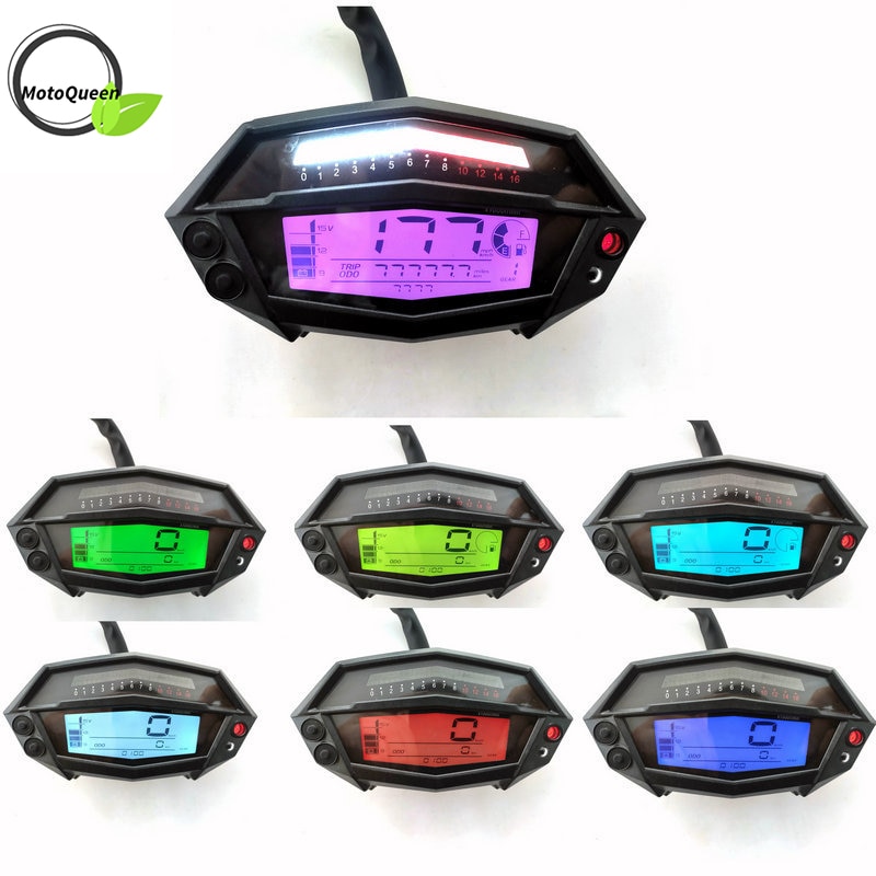 Motoqueen Motorfiets Toerenteller Urenteller Digitale Snelheidsmeter Gear Indicator 7 Kleuren Onderdelen Universele Voor Kawasaki Z1000