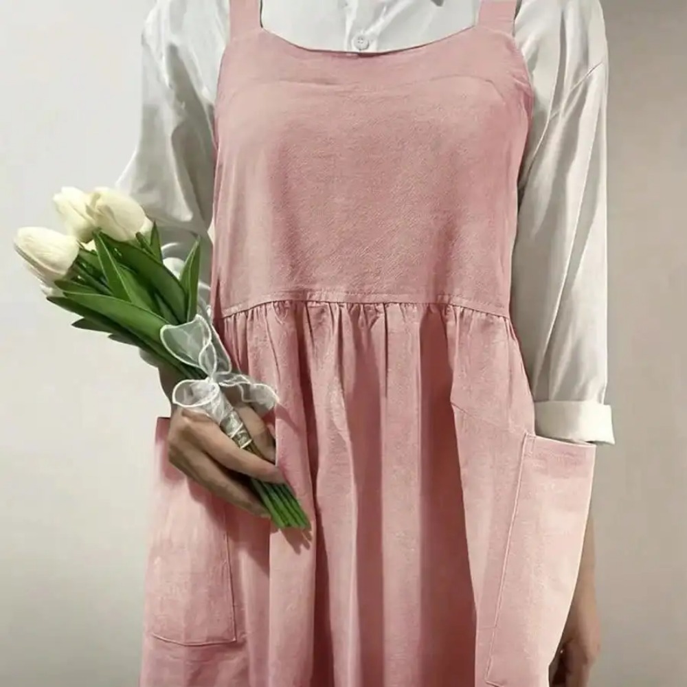 Japanese Linen Aprons for Women with Pockets Cross Back Cute Apron Dress for Gardening Painting Baking Cooking Kawaii Kitchen: Pink
