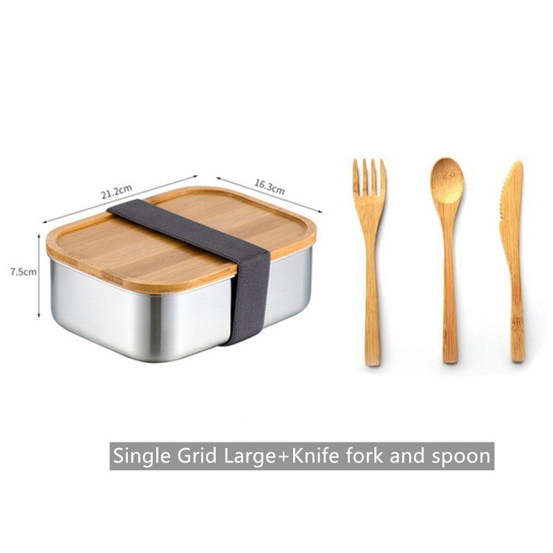 304 Stainless Steel Bamboo-wood Lid Lunch Box Packaged Food-grade Sushi Box Divided Grid Work Lunch Box Steamed Rice Seal Box: Set C