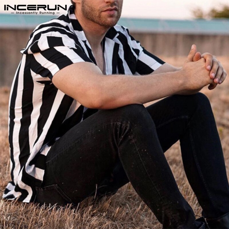 Incerun Casual Mannen Gestreepte Shirt Ademend Losse Revers Hals Korte Mouw Tops Streetwear Shirts Mannen Camisa