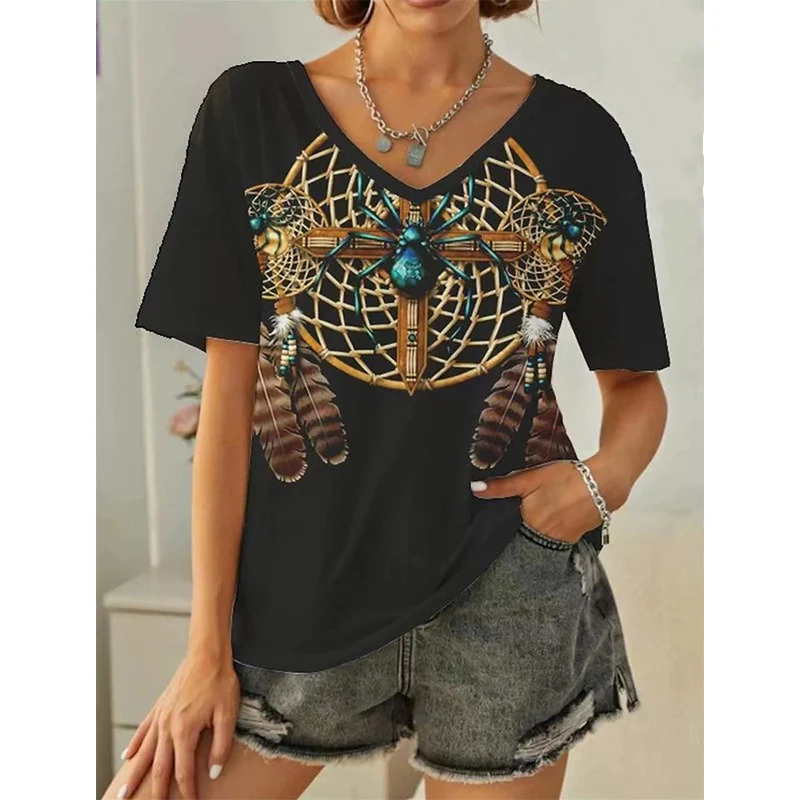 Boho Woman's T-Shirt 3D Ethnic Tassel Pattern Print Short Sleeve Tops Street Casual T Shirt Streetwear Tee Shirt Female Clothing: L / SKY BLUE