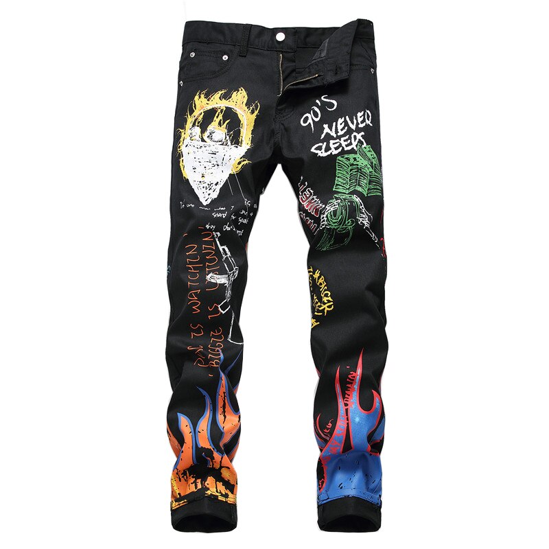 Pantalones vaqueros con estampado de letras y llamas para hombre, Jeans elásticos, ajustados, rectos, pintados, informales, a la , 29-38,