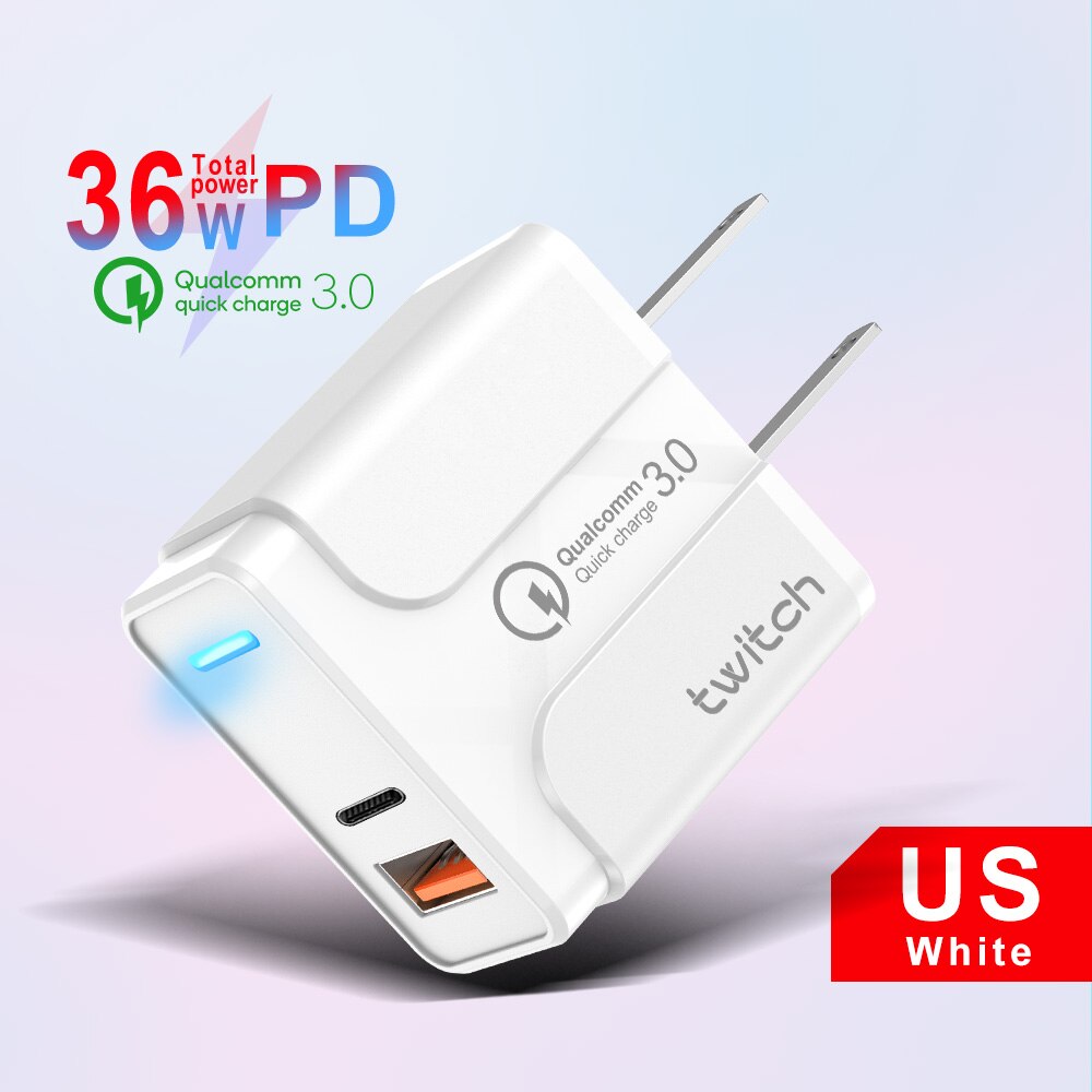 Twitch Quick Charge 3.0 18W PD USB Wall Charger for Samsung Xiaomi iPhone 11 Pro X Charging UK Adapter Fast Mobile Phone Charger: US White