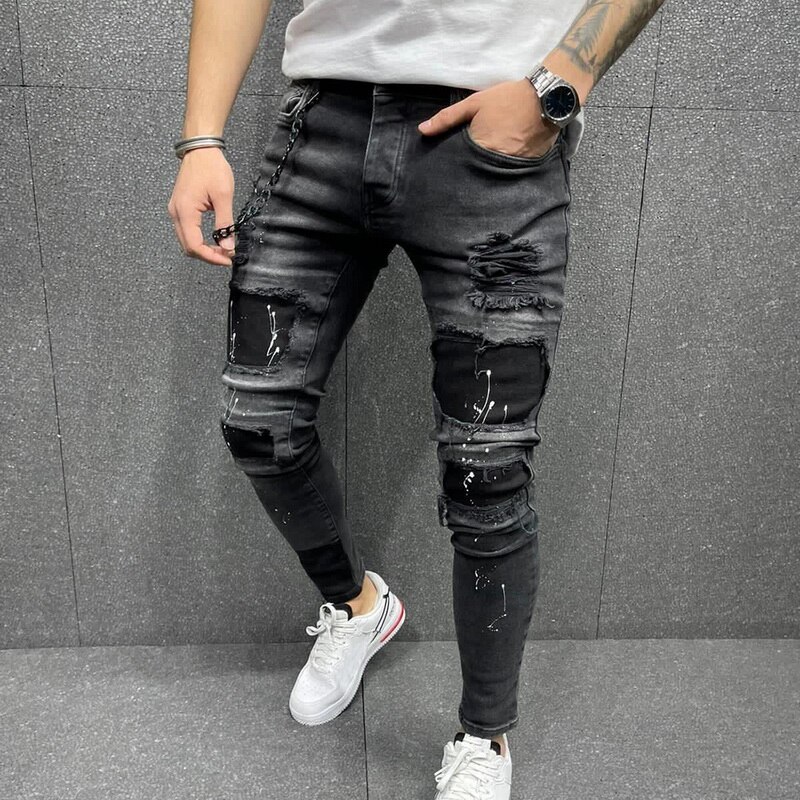 Laamei Jeans Men's Distressed Stretch Ripped Biker Jeans Men Hip Hop Slim Fit Holes Punk Denim Jeans Cotton Pants Zipper jeans