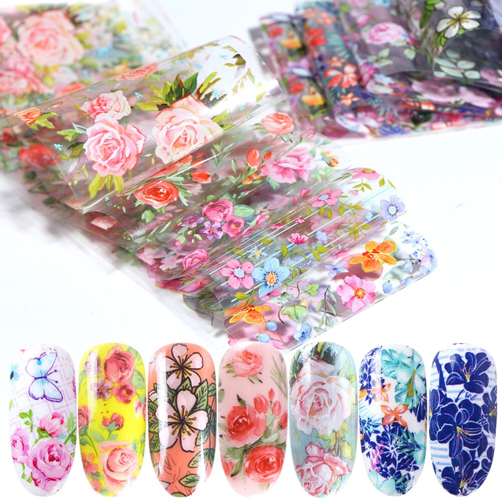 10 pcs Gradient Nail Folie Starry Papier Lente Zomer Bloemen Transfer Decals Nail Art Stickers Zelfklevend Nail Decoraties SA798-C