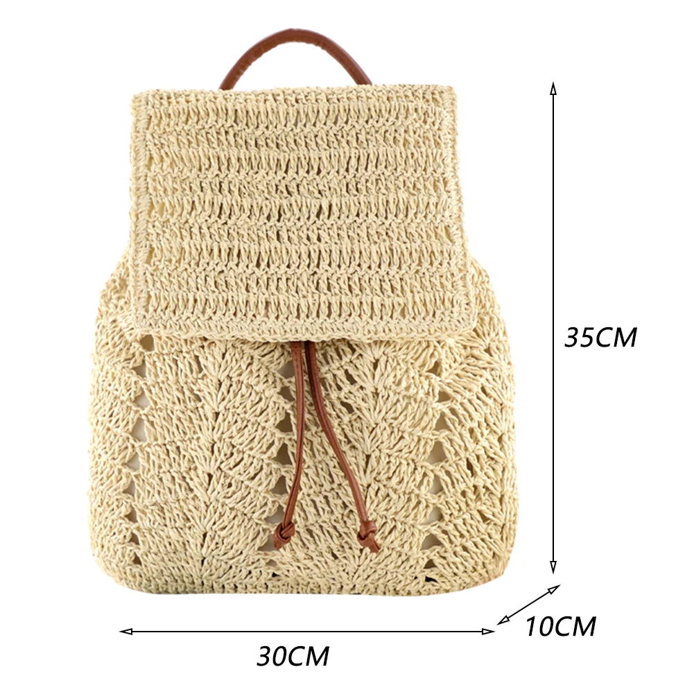Women Straw Backpack Handmade Woven Casual Beach Shoulders Bucket Bag