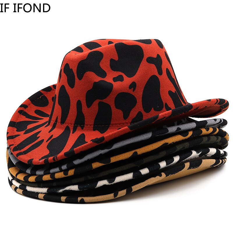 Chapéu de vaqueiro ocidental dos homens da moda padrão de vaca cowgril panamá aba larga bonés de jazz do vintage cavalheiro chapéu de feltro gorras hombre