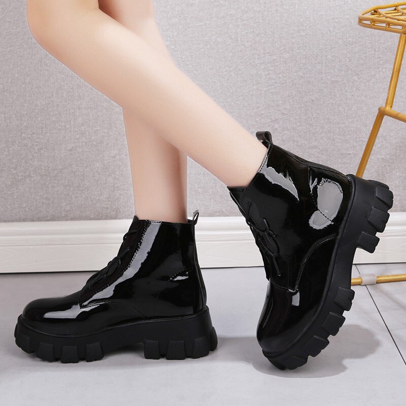 Vår höst lackkängor dam motorcykelstövlar kvinnliga skor kvinna tjock sula punkstövlar beige svart  eu 35-39