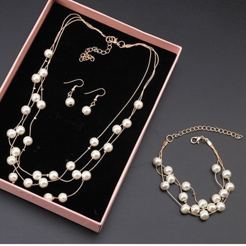 Gesimuleerde Parel Sieraden Set Voor Vrouwen Kralen Statement Ketting Oorbellen En Armband Set Party Bruiloft Sieraden
