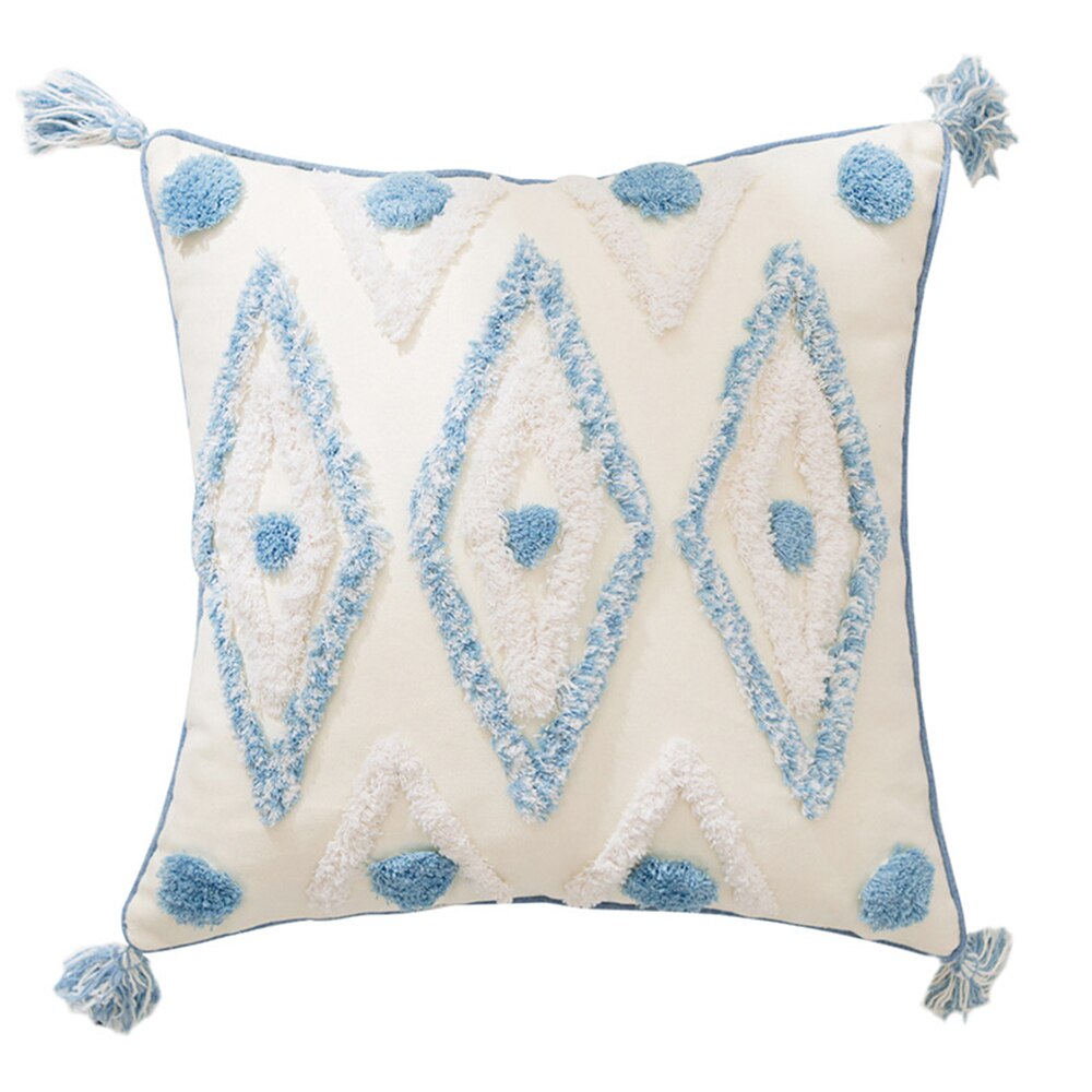 Boho stil handgjort kuddfodral plysch blå diamant med söt cirkel marockansk färgglada kuddfodral 45 x 45cm hem dekorativa: 1