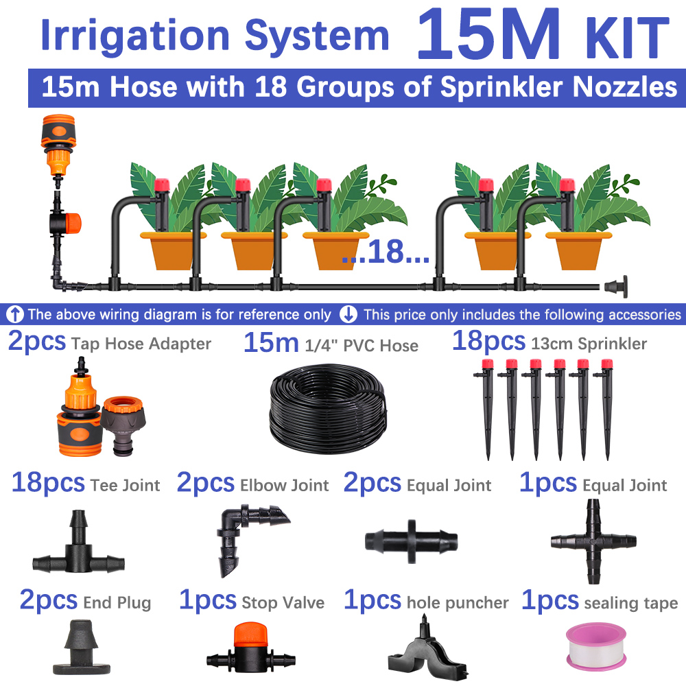 50-5m 1/4 "Garten tropfen Mikro bewässerung 8-See-verstellbare Tropfer mit Pfahl 4/7mm Adapter PVC-Schlauch automatisches Bewässerungs System: Orange