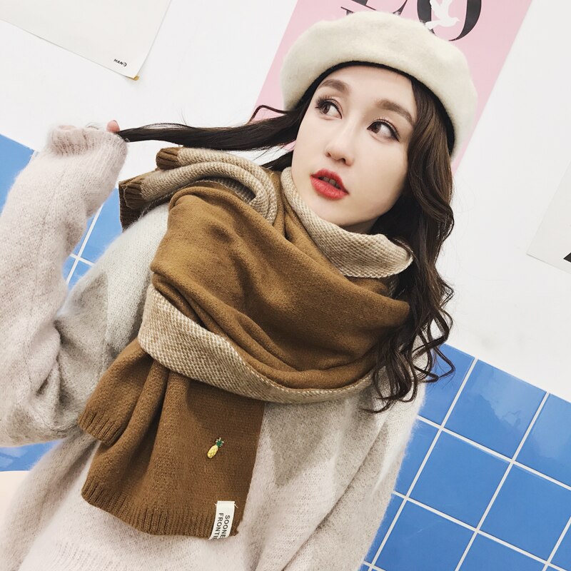 Halsdukar dam härliga solid stickad lång halsduk matchande student koreanska mjuka damscarfs dam trendiga tjockare varm: Brun
