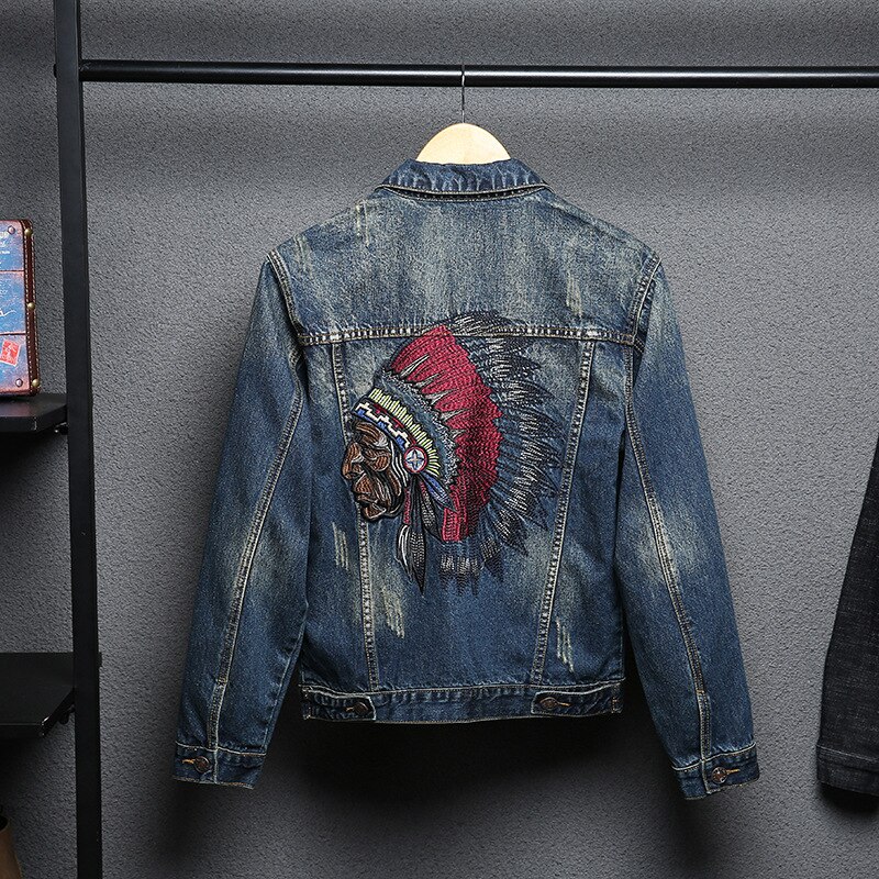 Men&#39;s Slim Denim Jacket Vintage Style Embroidered Indian Jacket Long Sleeve Casual Hip-hop Retro Jeans Coat Streetwear: M