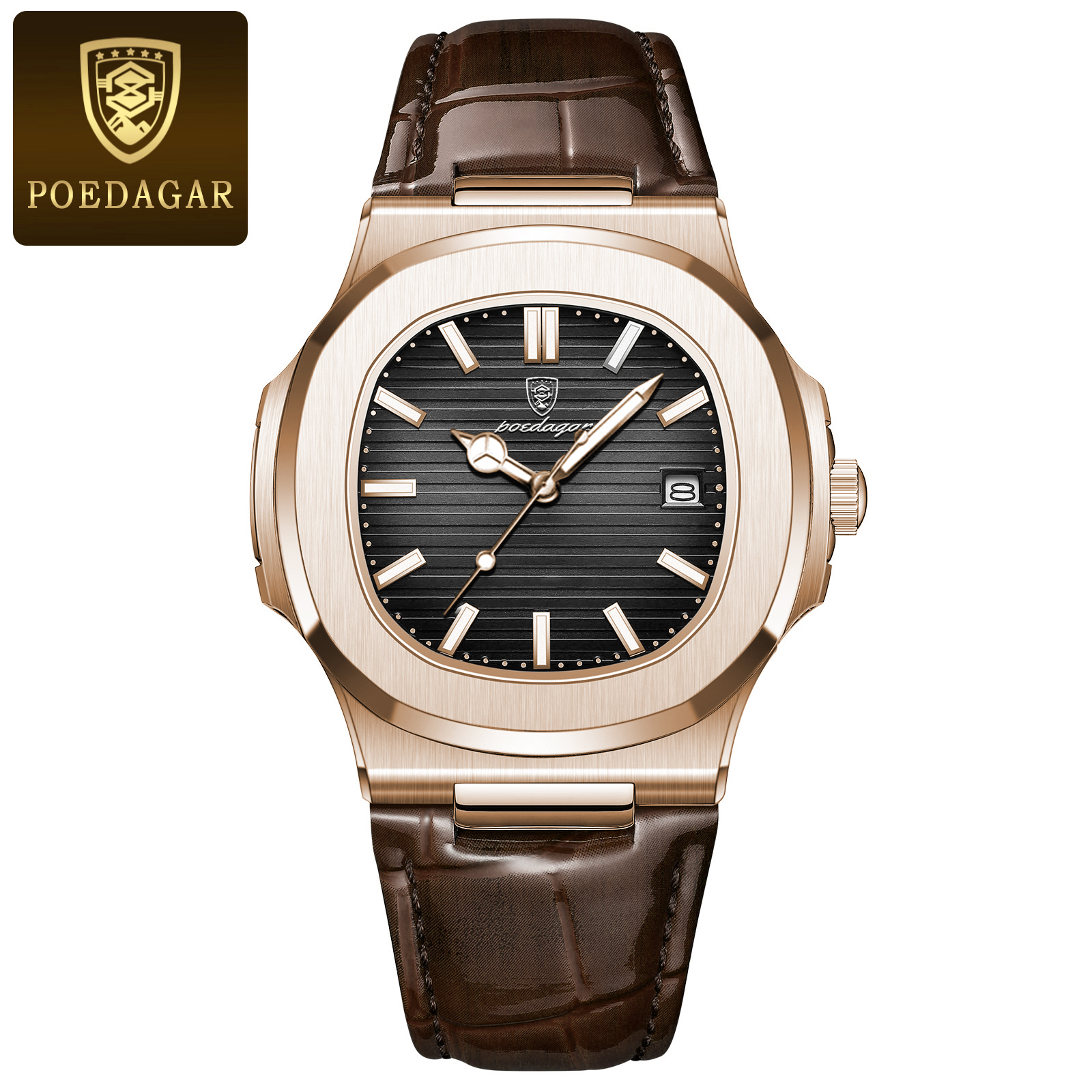 POEDAGAR Luxury Man Wristwatch Business Stainless Steel Quartz Men Watch Waterproof Luminous Date Square Men's Watches Clock+Box: Gold