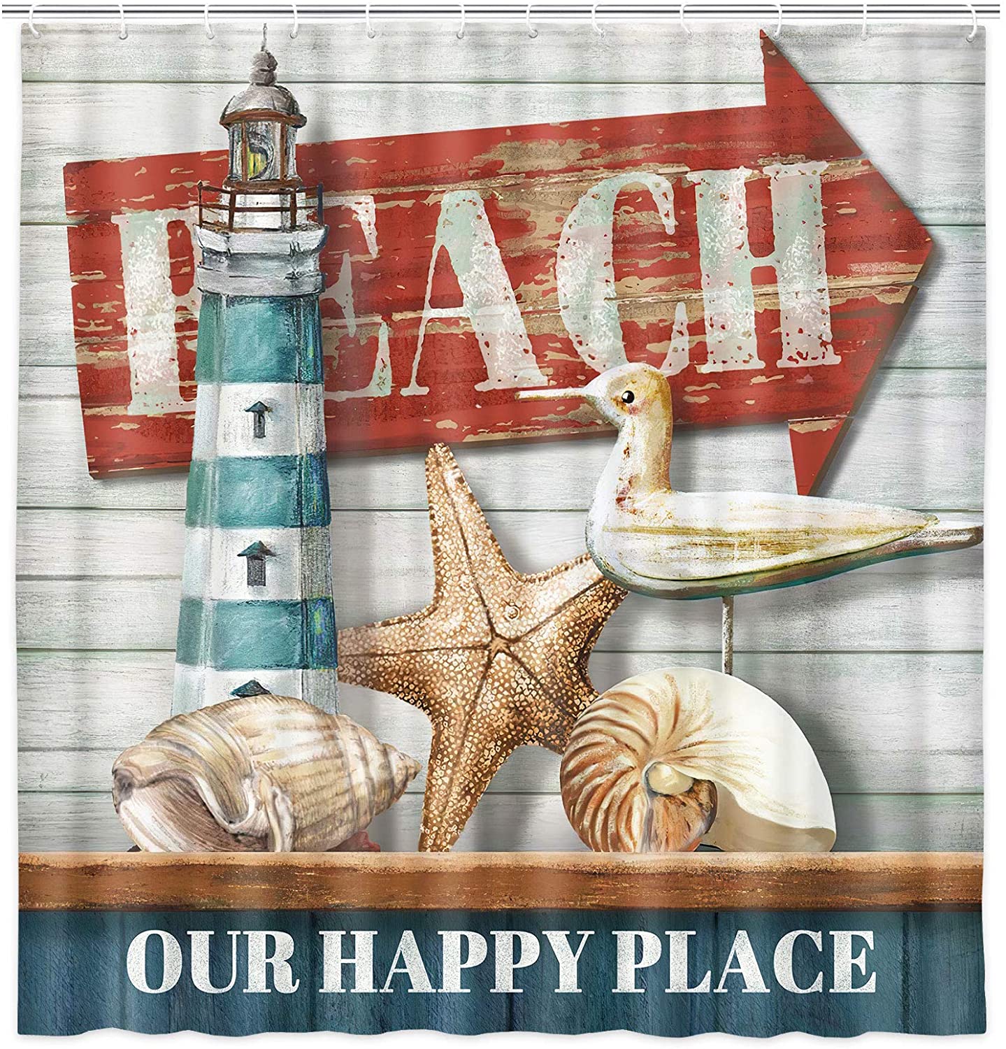Nautical Beach Shower Curtain Ocean Shell Lighthouse Seagull Starfish Motivational Quote Rustic Wooden Board Bathroom Curtains