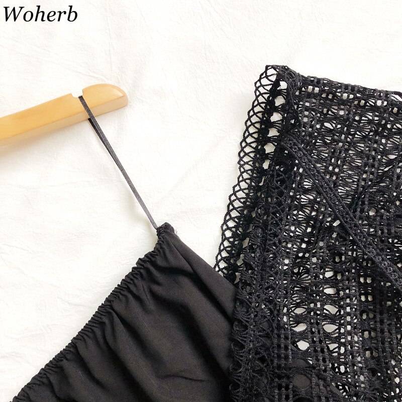 Woherb dam sommar playsuits ihåliga v-ringade spets jumpsuits med breda ben med hög midja kort jumpsuit strand lösa byxor
