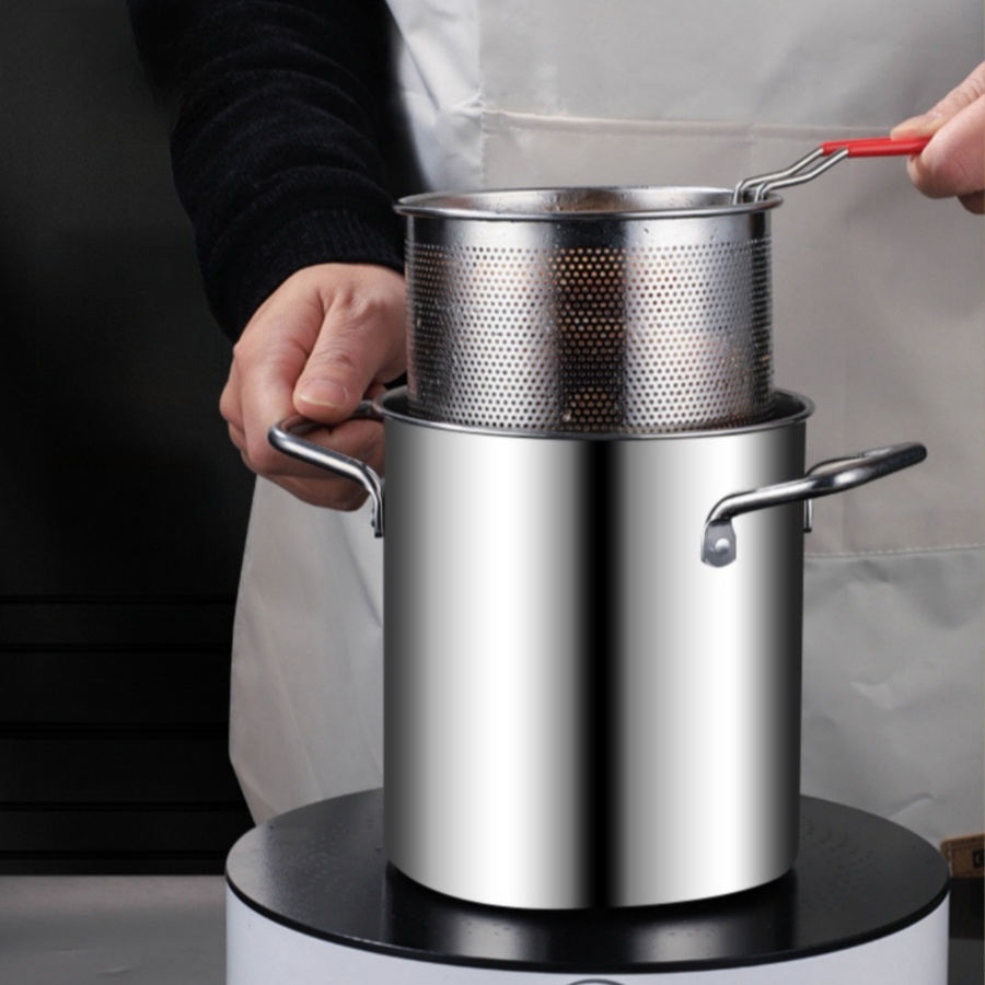 Mini-fritös i rostfritt stål, oljebesparande liten fritös i japansk stil med filterskärm: Vit