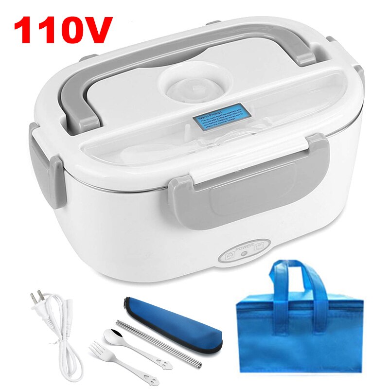 110v 220v us eu stik elektrisk varme madkasse rustfrit stål madvarmer beholder hjemmeskole måltid sikker opvarmet bento box sæt: 110v sæt hvide poser