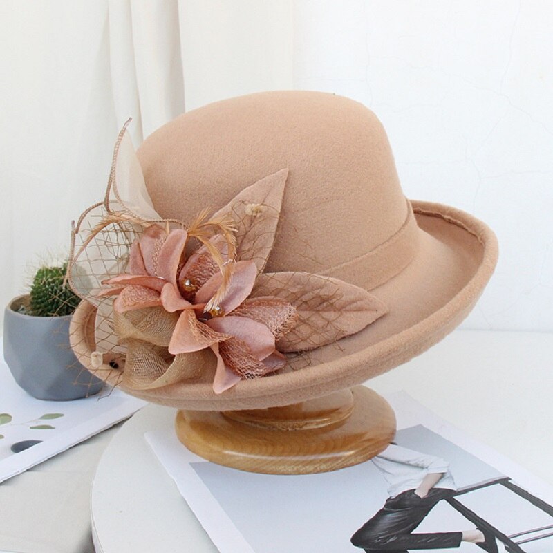 Sombrero de lana con flores para mujer, gorro cálido de ala ancha, , para , decoración, otoño e invierno,: A7