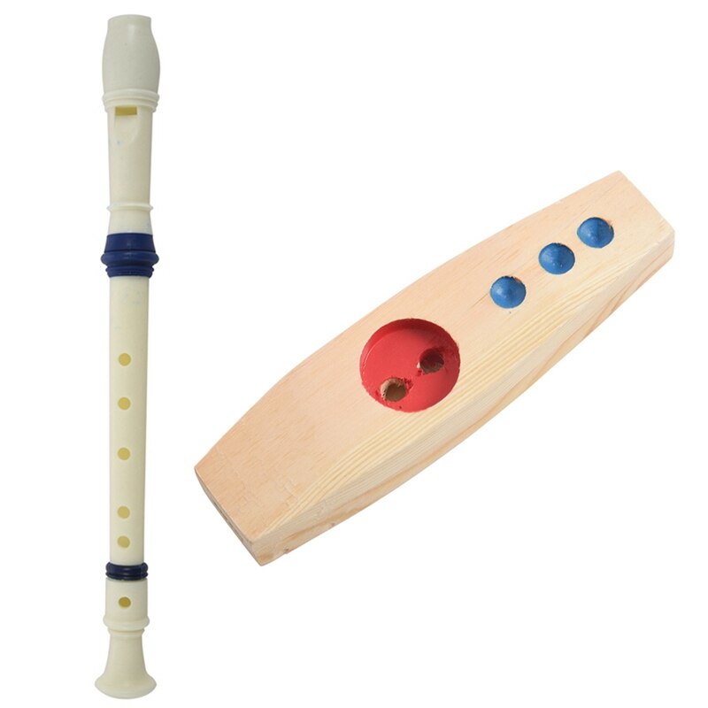Muziekinstrument 6 gaten sopraanfluit blokfluit wit blauw & houten kazoo muziekinstrumenten feestgunsten (houten -01): Default Title