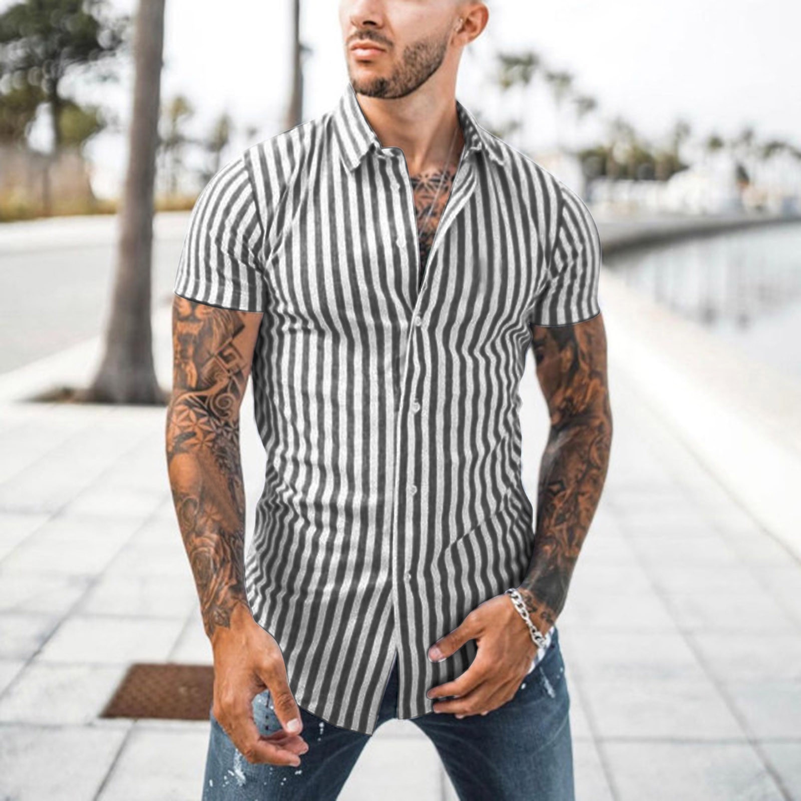 Men Shirt Vacation Hawaiian Shirt Male Casual Stripe Print Beach Shirts Men Short Sleeve Plus Size Camisa Hawaiana Hombre