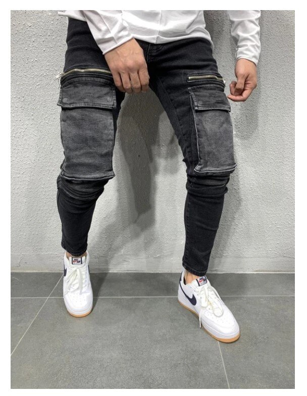 Mäns jeans stor ficka blixtlås dekoration ren bomull denim vatten land jeans