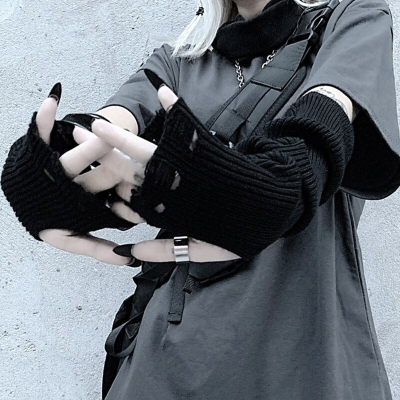 Gants noirs en tricot côtelé pour femmes, gothique, Punk, Harajuku, trou déchiré, longueur du coude, mitaines, Anime Cosplay, chauffe-bras H7EF