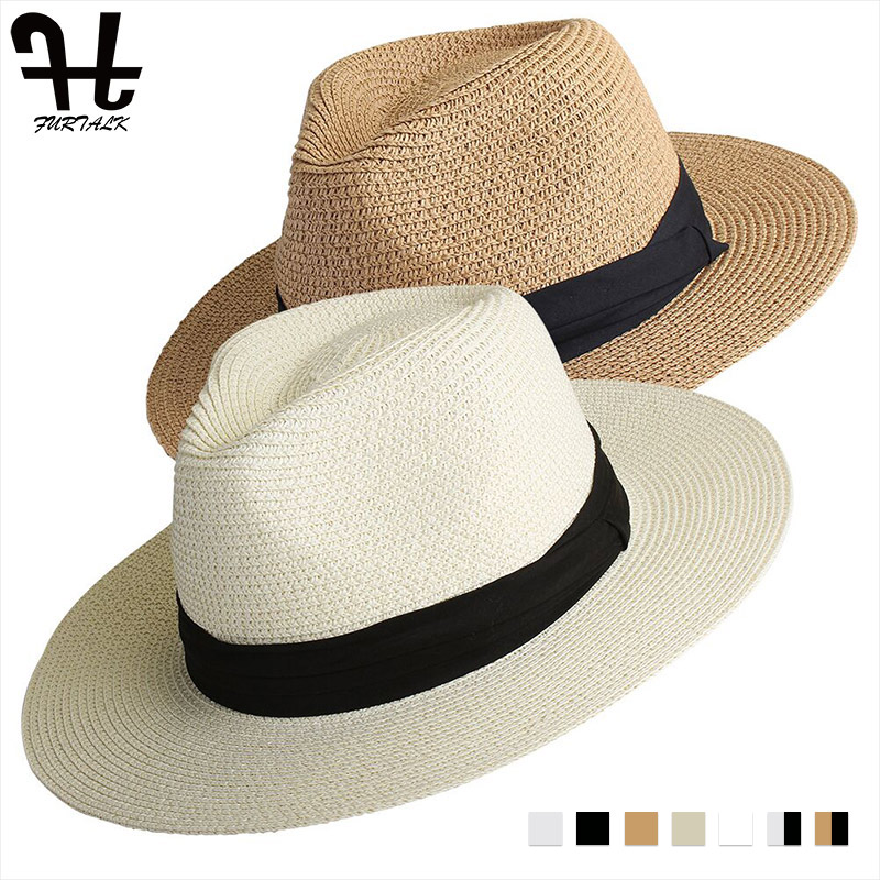 Furtalk Zomer Strooien Hoed Voor Mannen Vrouwen Zon Strand Hoed Mannen Jazz Panama Hoeden Fedora Brede Rand Zon Bescherming Cap met Lederen Riem