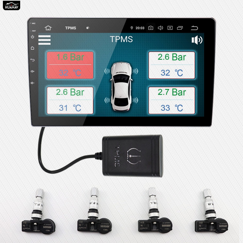 HUANAV USB Android TPMS Tire Pressure Monitoring System Display Alarm System 5V Internal Sensors Navigation Car Radio 4 Sensors