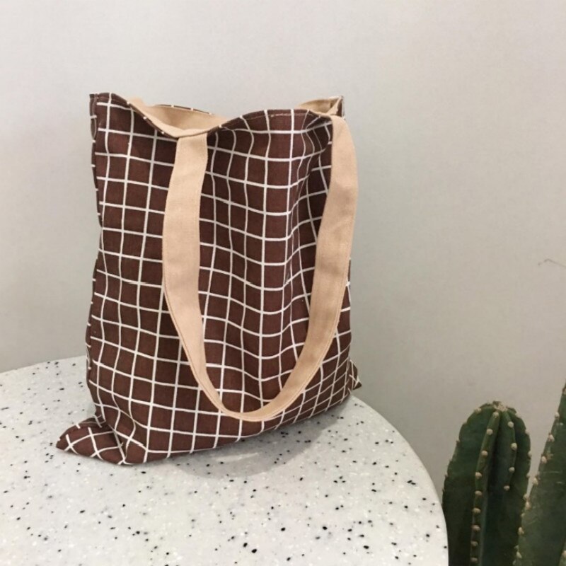 Bolso de lona informal para mujer, bolsa de compras reutilizable a cuadros de gran capacidad, bolsos de uso diario, bolso de compras de doble cara: Marrón