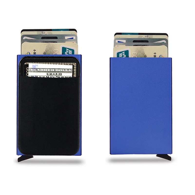 Dünne Aluminium Brieftasche Mit Elastizität Zurück Beutel Ich würde Kreditkarte Halfter Mini RFID Brieftasche Automatische Pop hoch Bank Karte fallen: Blau