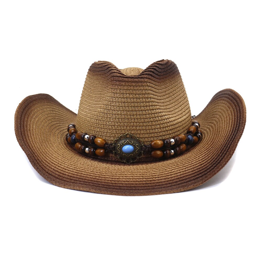Handmade Straw Summer Western Cowboy Hat Women Men False Gem Decoration Panama Beach Cowgirl Hat 56-58CM: 1
