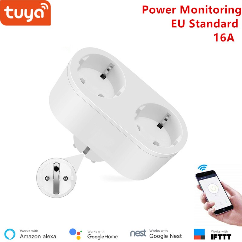EU standard 2in1 Tuya Smart life WiFi outlet , compatible with Google home and Alexa ,Smart socket for home automation system: EU 16A 2in1