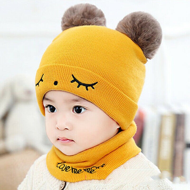 Bonnet tricoté à rabat pour bébés filles et garçons | Chapeau pour hiver, écharpe à capuche, bonnet tricoté: Yellow Hat Scarf