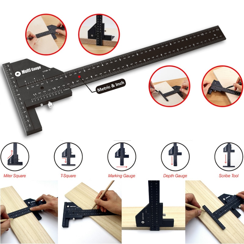 300mm Multi Sliding Depth Gauge Aluminum Alloy T Square Ruler Woodworking Scriber Multifunctional Measuring Ruler Scriber