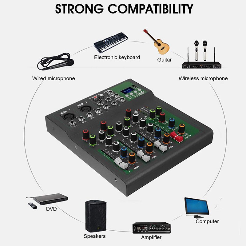 Bluetooth Portable o Mixer USB DJ Sound Mixing Console MP3 Jack 4 Channel 48V Amplifier Karaoke KTV Party EU Plug
