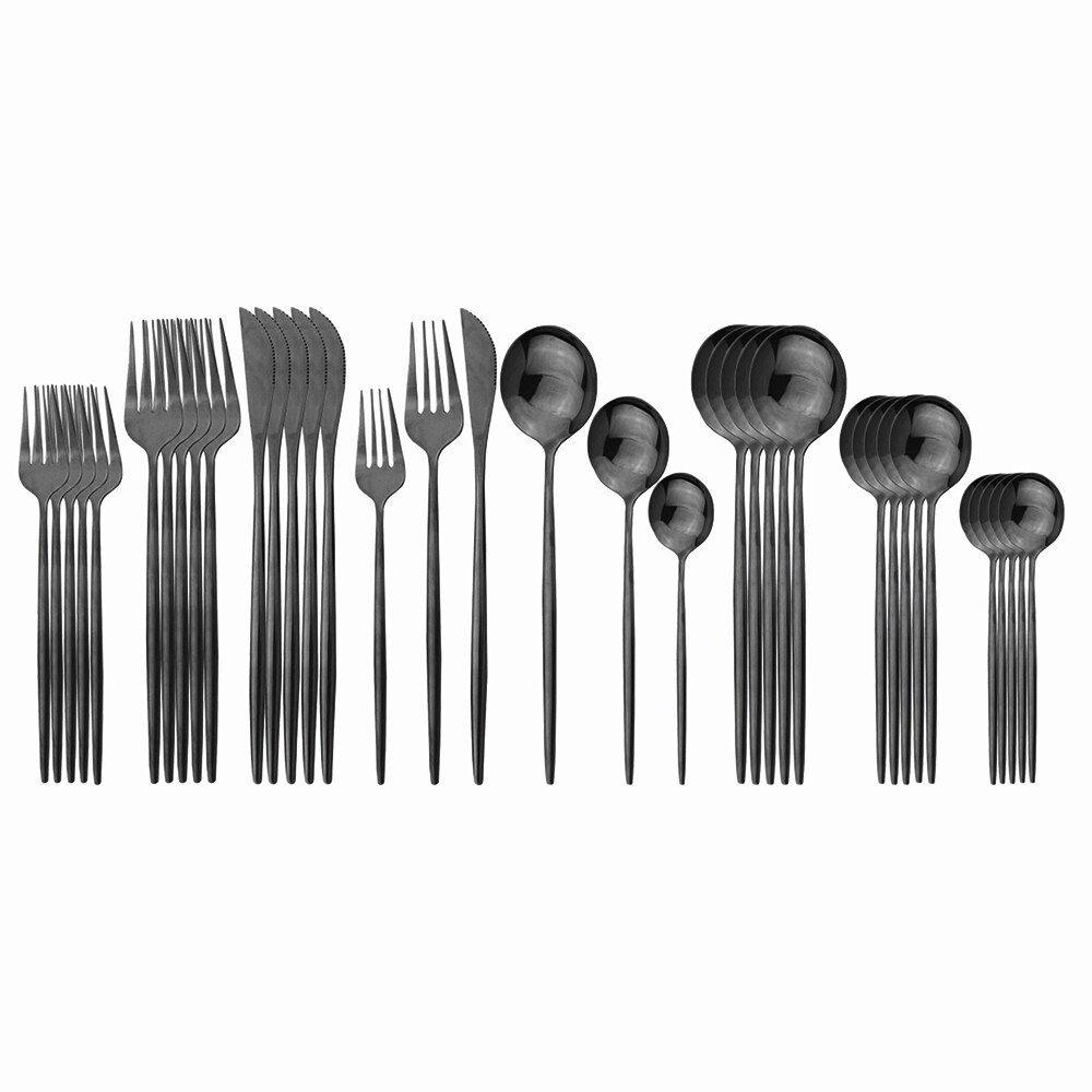 36 stk sort guld bestik sæt 18/10 rustfrit stål guld spisestel home western ske gaffel kniv bøf spisestel service sæt: Sort