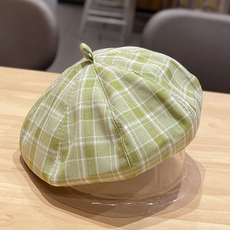 Foux baret plaid kvinder sommer sød nyhedsdreng hat maler koreansk stil fransk hårspænde damer kvindelig justerbar reb: Grøn