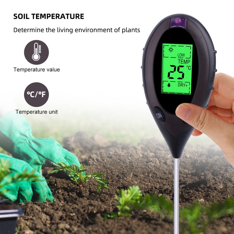 Jord ph-mätare 4 in 1 jordtemperatur solfuktighet ph-mätare för trädgårdsväxter blommor lcd-display