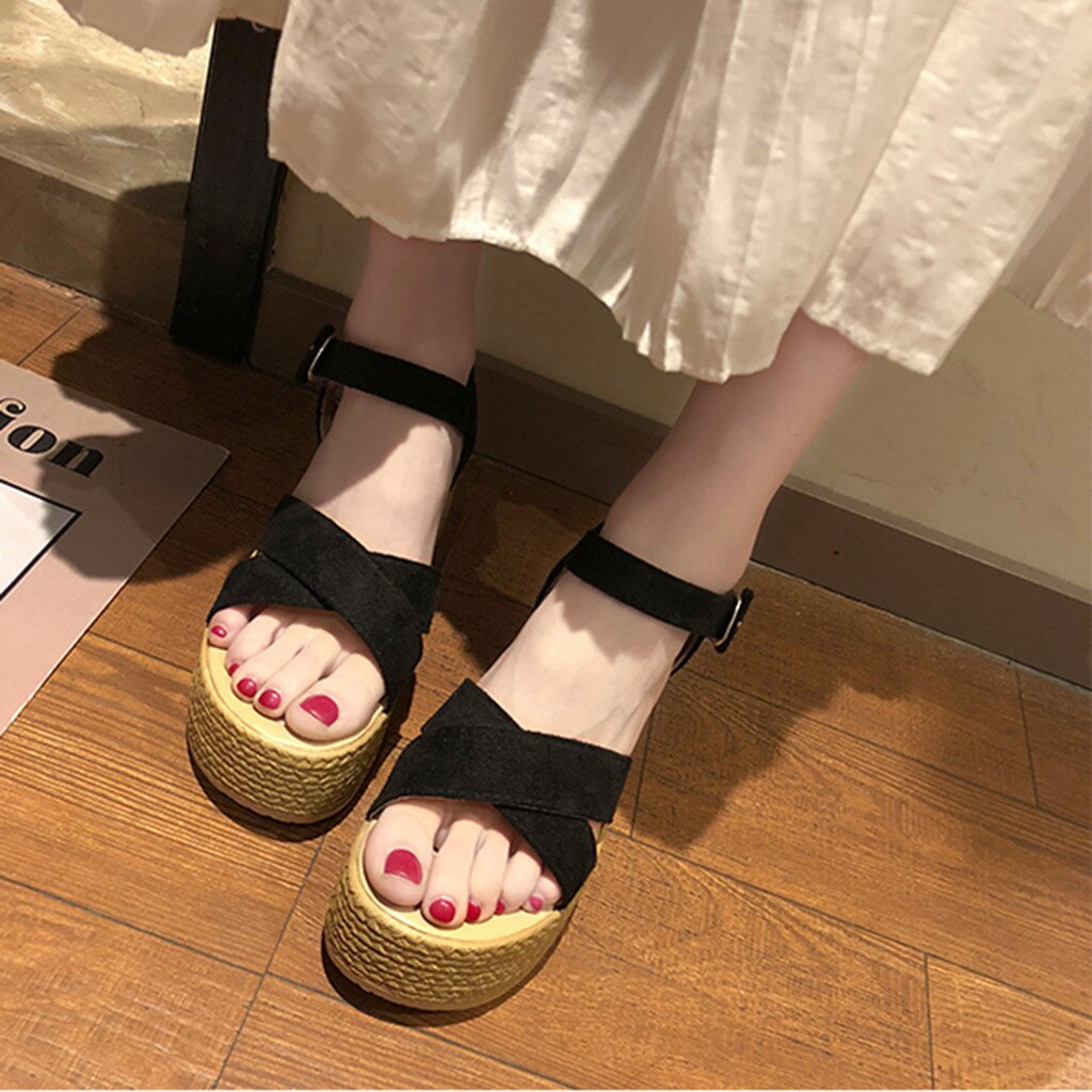 Décontracté Compensées Bout Ouvert chaussures Peep Toe Sandales femme à talons hauts plate-forme sandale décontractée boucle sandalia feminina sem salto # G30